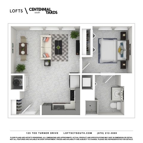 Floor plan for 1 bed, 1 bath, 635 sqft